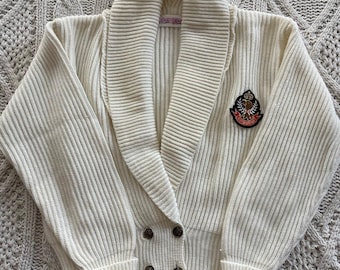 Vintage 80s Cream Knit Cardigan: Airborne Patch, Military Inspired