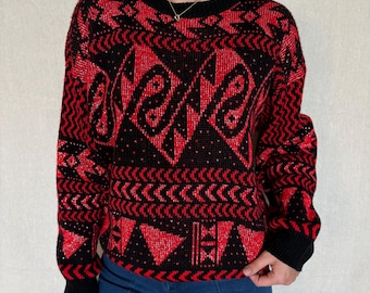 Vintage 1980s Red and Black Geometric Optical Illusion Crewneck Knit Sweater