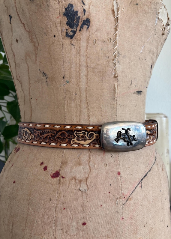 Vintage 90s Tooled Leather Western Belt – Bullrider Buckle  display picture 2