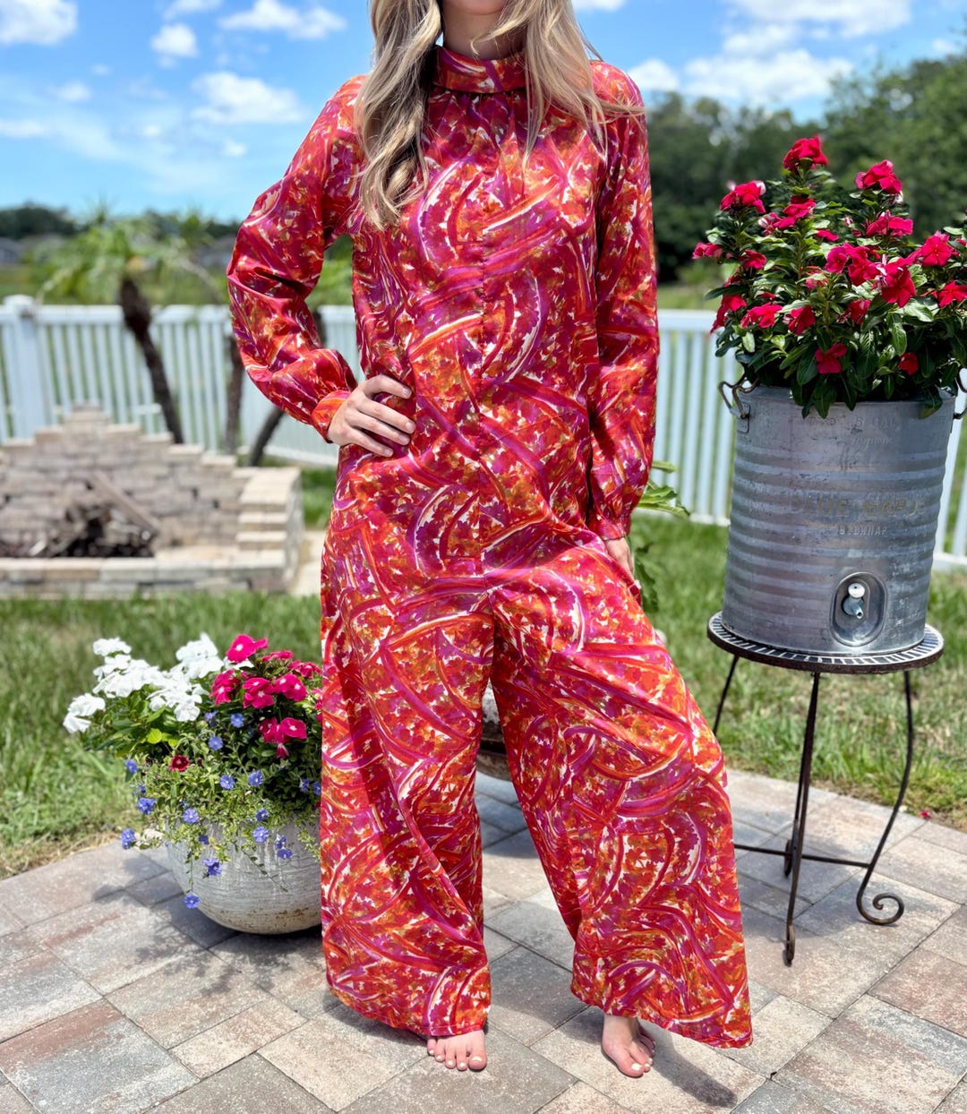 Vintage 60s 70s Psychedelic Jumpsuit - Mock Neck Wide Leg Hostess