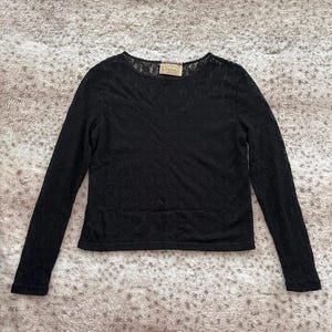 Vintage 90s Bonjour Black Lace Top | Sheer Long Sleeve Blouse | Y2K Grunge Aesthetic | Size Medium