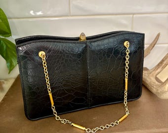 Borsa vintage anni '60 nera effetto coccodrillo – Borsa a mano con stampa coccodrillo e tracolla a catena dorata