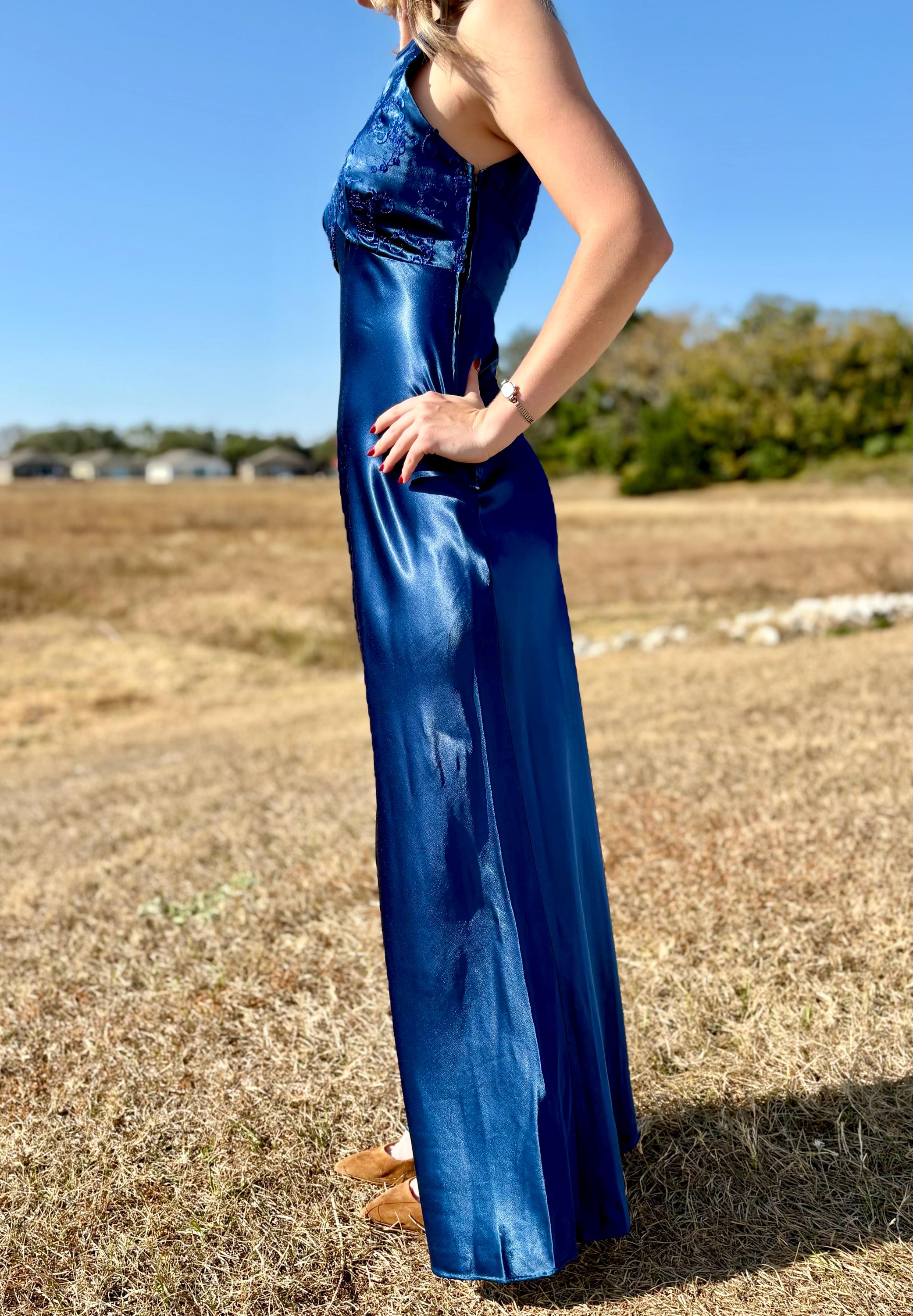 90s blue dress Vintage 90s Blue Satin Halter Prom Dress - Beaded Sequin Gown