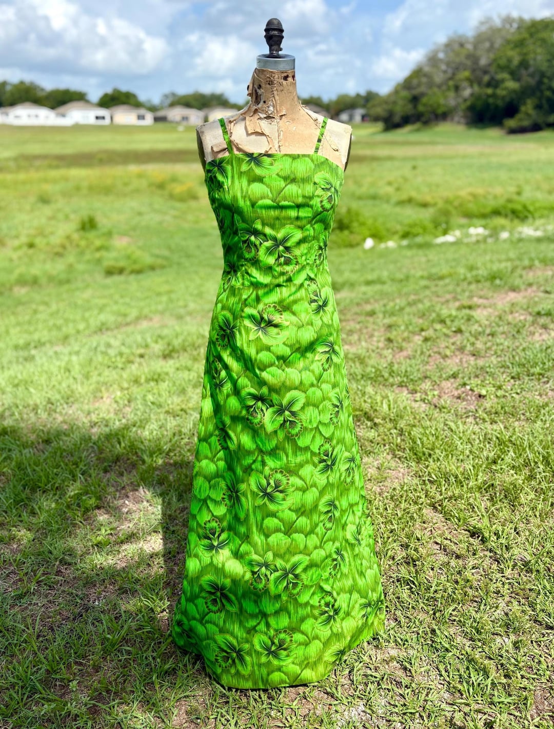 Vintage 1970s Hawaiian Maxi Dress - Vibrant Lime Green Floral Tiki ...