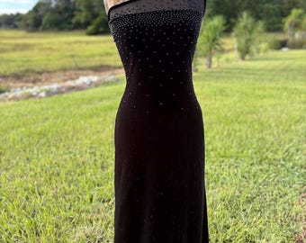 Vintage 90s Black One-Shoulder Evening Gown – Beaded Mesh Illusion Top – Retro Formal Maxi Dress