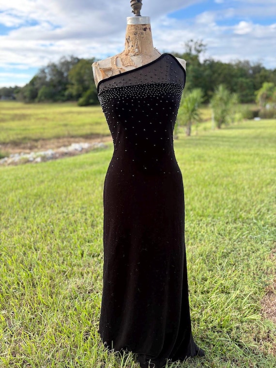 Vintage 90s Black One-Shoulder Evening Gown - Beaded Mesh Illusion Top