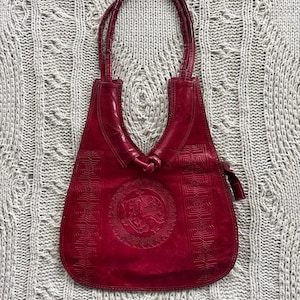 Vintage Lady Lord Genuine Leather Shoulder Bag – Deep Red Embossed Elephant Tote – 70s/80s Boho Hippie Festival Purse – With Original Tags