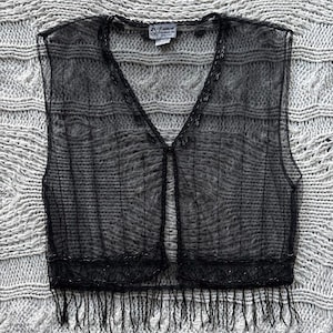 Vintage 90s Raiment Sheer Beaded Top – Black Mesh Sleeveless Vest with Fringe Hem – Festival Clubwear – Size XL
