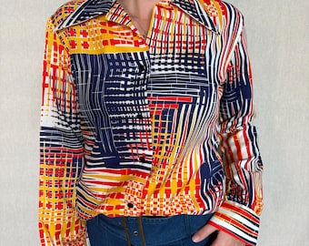 Vintage 70s Lady Arrow Abstract Plaid Geometric Blouse - Dagger Collar Long Sleeve