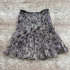 Vintage ICE Pleated Mini Skirt – Abstract Y2K Print in Purple, Black & Grey – 2000s Funky Festival Skirt – Retro Boho Style