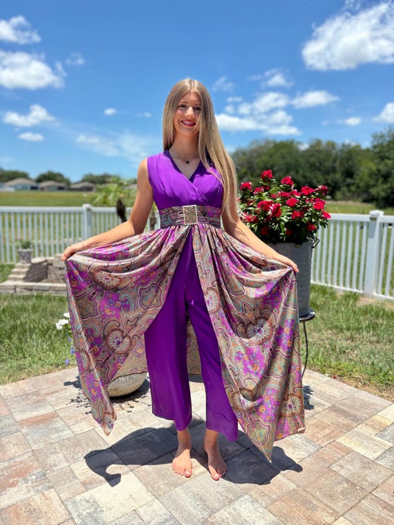 Vintage 60s/70s The Limited Haberdashery Hostess Jumpsuit - Psychedelic Paisley Maxi Skirt Overlay Palazzo Pants
