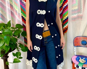1960s Mod Vintage Navy Mini Dress, White Knot Soutache Trim Mandarin Collar Shift Dress