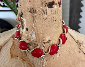 Vintage Red Lucite Choker Necklace - Mid Century Gold Tone Oval Panel Link Collar