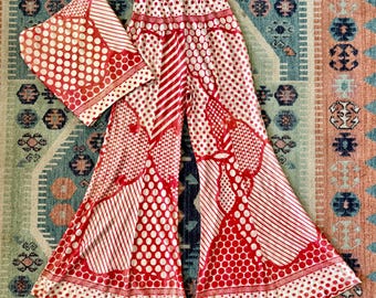 Vintage 1970s Red & White Polka Dot Pants Set - True Vintage 70s Bell Bottom Flare