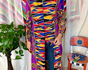 Vintage 60s 70s Psychedelic Zip Front Duster - Retro Geometric Print Maxi Robe