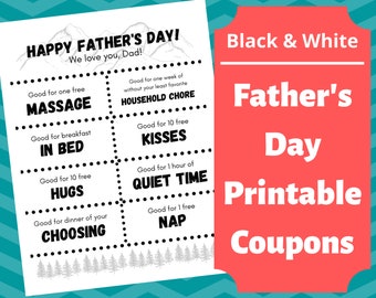 Father's Day Coupons, Digital Printable Coupons, Father's Day Gift, Father's Day Black and white Card