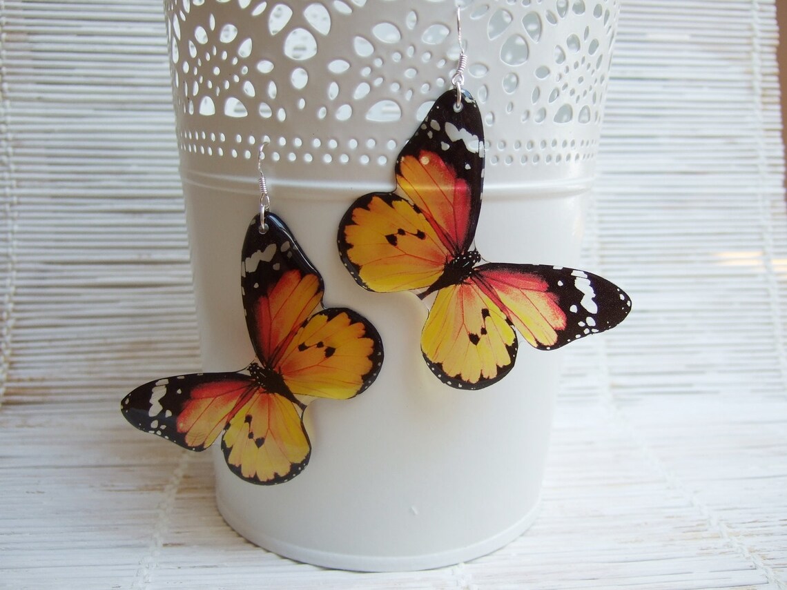 Resin Transparent Earrings Orange Red Black Butterflies Etsy