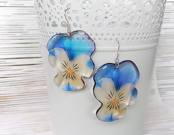 Resin Earrings Transparent Earrings Light Blue Earrings Pansy | Etsy