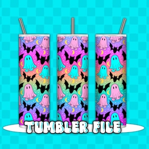 May include: Three sublimation designs for a tumbler featuring a pattern of ghosts and bats on a rainbow gradient background. The design is perfect for Halloween.