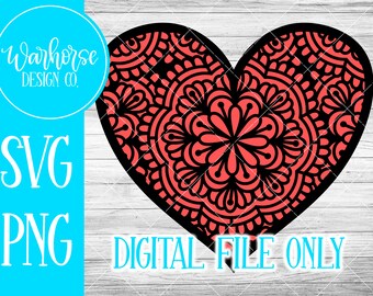 Heart Mandala SVG and PNG File, Laser friendly SVG, Valentine's day crafts, Cute shirt designs for valentine's day, Easy Mandala svg file