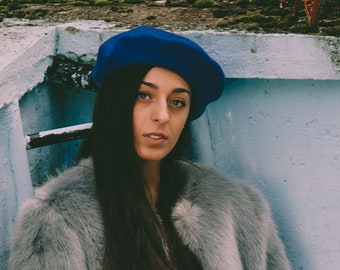 Blue  French Beret, Woman Wool Hat, Winter Hat for Women, Merino Warm Hat, Basque Beret, Classic Wool  Beret, Wool Beret, 68 klein blue