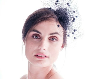 Black Birdcage Veil Fascinator, Races Headpiece, Derby Cocktail Hat