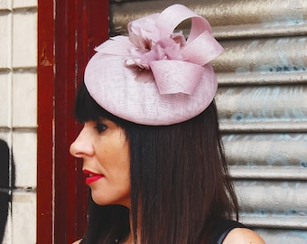 Light Pink Sinamay Fascinator Hat, Feather Flower Pillbox, Wedding Headdress