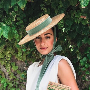 Flat Brim Hat with Light Green Velvet Ribbon, Vintage Style Canotier,  1900s Style Straw Boater, Wide Brim Straw Boater Hat, Wedding Hat