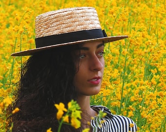 Natural Straw Canotier Hat, Women's Boater Hat with Grosgrain Ribbon