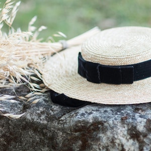 Straw Boater Hat , Canotier Hat, Natural Straw Hat, Sun Hat, Women Summer Hat, Women Boater Hat, Flat Brim Straw Hat with Velvet Ribbon