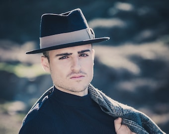 Navy Fur Felt Fedora Hat, Handmade Leather Sweatband