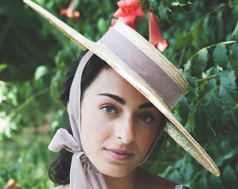 Wide Brim with Soft Pink  Velvet Ribbon, Straw Canotier, Straw  Sun Hat, Vogue Style  Straw Hat, Boater Hat,Tilt Straw Hat