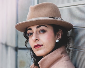 Camel Wool Fedora Hat, Pheasant Feather Ribbon, Women's Winter Hat
