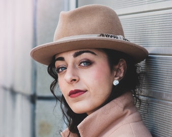 Camel Wool felt hat, Fedora Felt hat for women, Winter hat, Classic fedora hat adorned with pheasant feather and  Petersham ribbon & bow