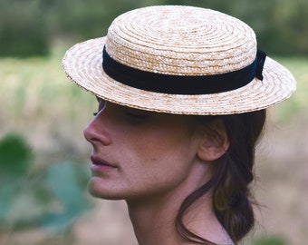 Edwardian Hat, Straw Canotier Hat with Ribbon, Small Brim Boater Hat, Flat Brim Straw Hat with Black Velvet Ribbon, Vintage Style Hat