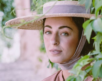 Wide Brim Straw Canotier Hat, Pink Velvet Ribbon, Vogue Style