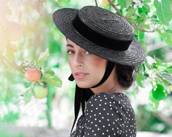 Small Brim Boater Hat in Black - Edwardian Inspired Vintage Romantic Headwear