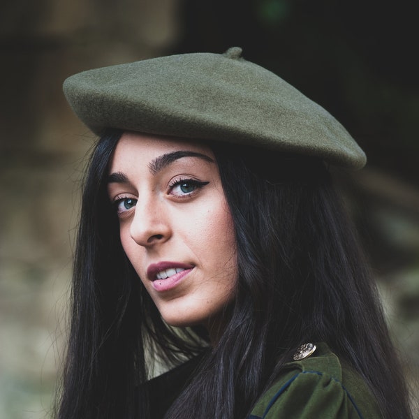 Military Green Beret for Women, Wool Beret Hat, French Beret, Woman Wool Hat, Winter Merino Wool Beret, Warm Wool Hat, 66  Khaki