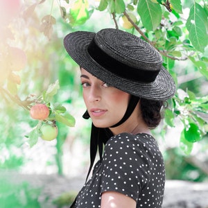 Small Brim Boater Hat in Black - Edwardian Inspired Vintage Romantic Headwear