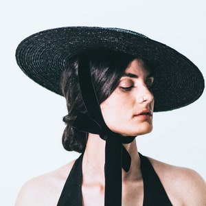 Edwardian Wide-Brim Straw Canotier Hat – Handmade Vintage Boater Hat for Weddings & Garden Parties