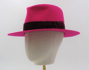 Hot Pink Fedora Hat, Wool Felt Hat, Women Hat with Velvet Ribbon, Wide Brim Felt Hat, Pink Winter Hat