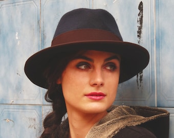 Blue Wool Felt Fedora Hat, Wide Brim, Handmade