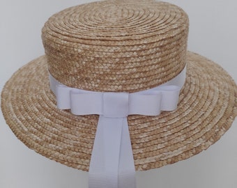 Natural Straw Boater Hat with White Grosgrain Ribbon