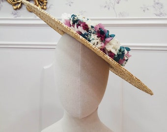 Wide Brim Straw Boater Hat with Preserved Flowers, Wedding Canotier