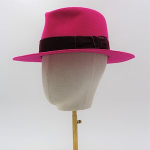 Hot Pink Fedora Hat, Wool Felt Hat, Women Hat with Velvet Ribbon, Wide Brim Felt Hat, Pink Winter Hat