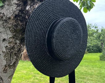 Black Velvet Wide-Brim Canotier Hat – 35 cm Straw Boater for Weddings & Events