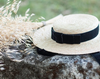 Chapeau de canotier de paille, chapeau de Canotier, chapeau de paille naturel, chapeau de soleil, chapeau d'été pour femme, chapeau de canotier pour femme, chapeau de paille à bord plat avec ruban de velours