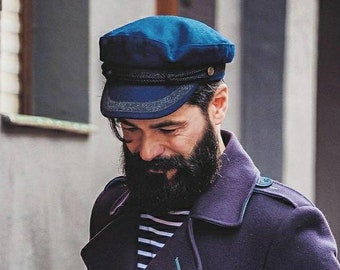 Men's skipper cap, Greek fisherman's cap, Traditional Breton navy cap, Navy blue winter hat