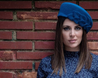 Blue Beret, Blue Felt Hat, Hat with Leaves, Vintage Style Hat, Blue Wool Beret, Blue Woman Hat, Pillbox Hat