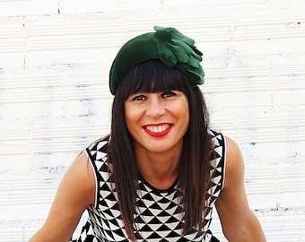 Green velvet headband - velvet winter hats for her - Green tiara-Floral velvet hat